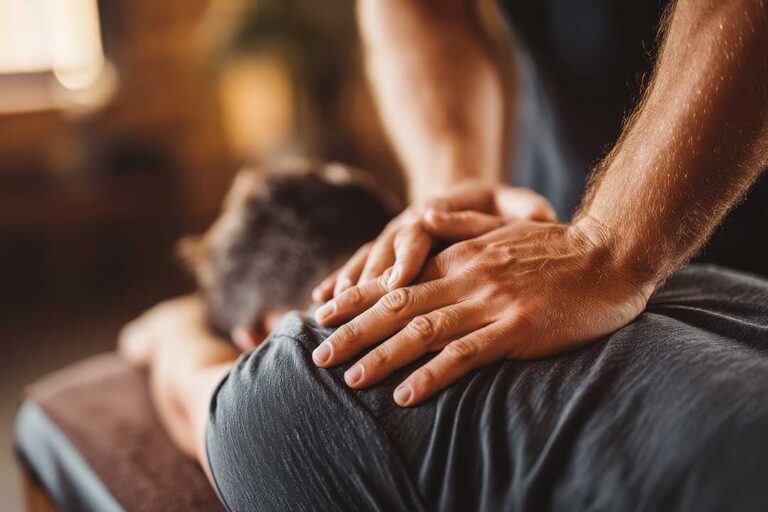 Chiropractor guiding an adult through gentle back mobility exercises in a bright treatment room.